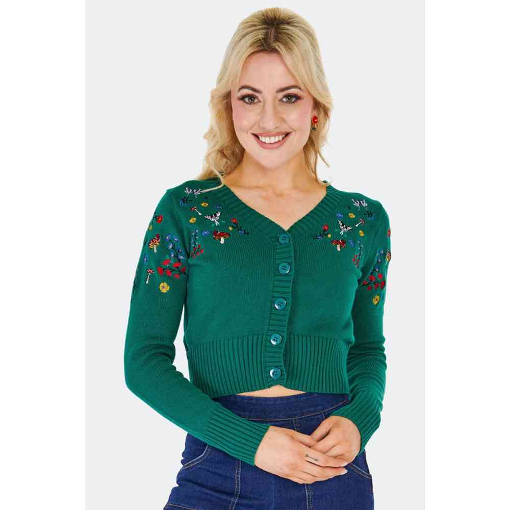 Voodoo Vixen - Woodland Embroidery Crop Cardigan - Groen